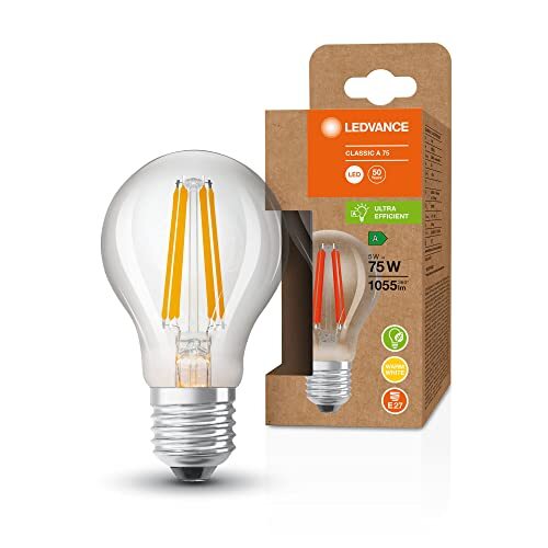 Ledvance LED spaarlamp, gloeilamp, E27, warm wit (3000K), 5 watt, vervangt 75W gloeilamp, zeer efficiënt en energiebesparend, pak van 1