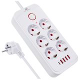 Maclean MCE389 W - Stekkerdoos, 6-polige verlengkabel 1,5 m + 4xUSB, 110-240V AC 50/60Hz, 2,1A max 2500W - wit