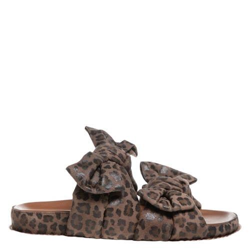 Copenhagen Shoes leren slippers met panterprint en strikjes bruin