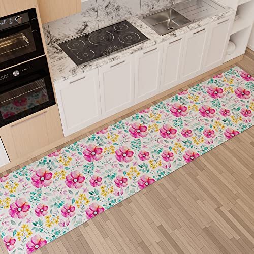 PETTI Artigiani Italiani - Tapijt voor keuken, antislip en wasbaar, 52 x 80 cm, bloemendesign 01, 100% Made in Italy