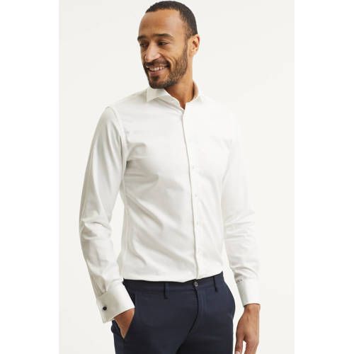 Profuomo Slim Fit Strijkvrij Overhemd - Wit Twill - Dubbele Manchet