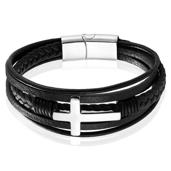 Mendes Jewelry Roestvrijstalen en Echt Lederen Heren Armband met Groot Kruis in Zwart en Zilver-23cm