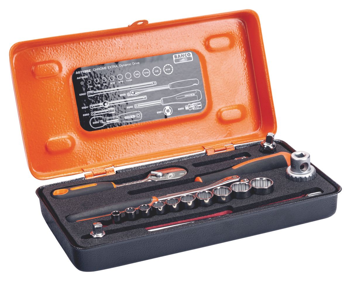 Bahco Doppenset 1/4" | peervormige ratel | twaalfkant | inch-maten - 18-delig - metalen koffer - A6718DZ