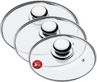 KADAX Pandekselset, universele glazen deksel met handvat, hittebestendige dekselset in verschillende maten, pannendekselset, glazen deksel voor pot, pan (16+18+20cm, metalen handgreep)