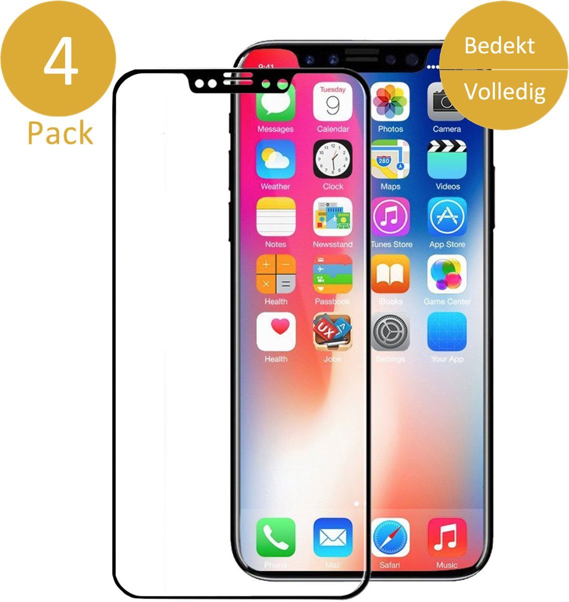 iCall 4x Screenprotector Apple iPhone X - Full Screen Tempered Glass - Black Carbon Bezel - 3D 9H