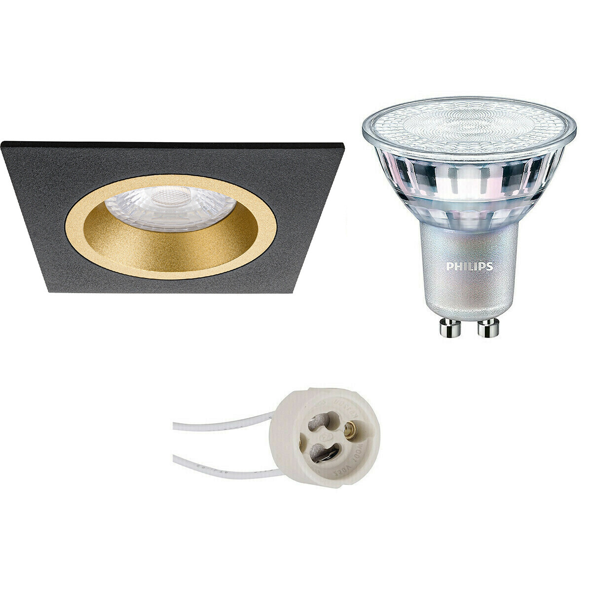 BES LED LED Spot Set - Pragmi Rodos Pro - GU10 Fitting - Inbouw Vierkant - Mat Zwart/Goud - 93mm - Philips - MASTER 927 36D VLE - 4.9W - Warm Wit 2200K-2700K - DimTone Dimbaar