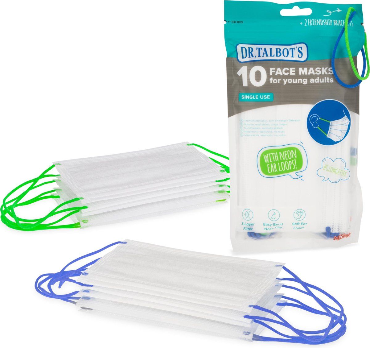 DrTalbots Mondmaskers / mondkapje voor tieners - fluogroen/-blauw - 10 stuks