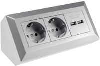 ChiliTec Stekkerblok, hoekstopcontact, 2-voudig, geaard stopcontact, 2 x USB-A, 3,1 A, meervoudig stopcontact voor keuken, kantoor, werkplaats, zilvergrijs
