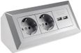 ChiliTec Stekkerblok, hoekstopcontact, 2-voudig, geaard stopcontact, 2 x USB-A, 3,1 A, meervoudig stopcontact voor keuken, kantoor, werkplaats, zilvergrijs