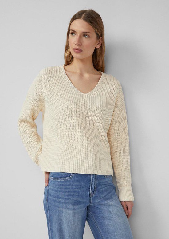 s.Oliver Strickpullover V-hals lange mouw lichtbeige katoen regular fit