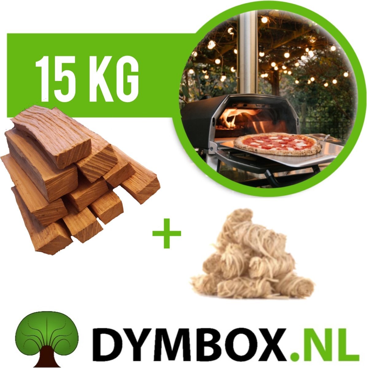 Dymbox Pizzahout 3x11cm passend multi-fuel model pizzaovens | 15kilogram pizza hout incl. aanmaakwokkels | | o.a. geschikt voor Ooni Karu pizzza oven