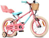 Sun Baby Kinderfiets 16 Inch LOVEL Fiets voor Meisje 4-6 Jaar, Max 50 kg - poppenstoeltje, zijwieltjes, mandje, bel, kettingkast - Roze-Muntgroen