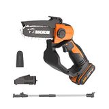 WORX 20 V accukettingzaag, motor naar keuze, geleiding 5 inch, stang 125 cm, gereedschapsloze instelling, accu en oplader inbegrepen, PowerShare compatibel (Mini Chain Saw WG324E.1)
