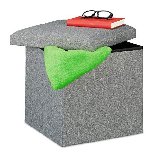 Relaxdays Kruk met opbergruimte, opvouwbaar, zacht gevoerd, hoekig, stof, grijs