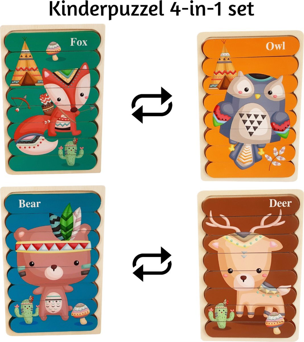 van Theo Houten Puzzel - Dubbelzijdige Kinderpuzzels - Set 4-in-1 - Montessori Speelgoed - Set Dieren