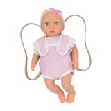 LullaBaby LBY7647Z Babypop met babydrager, porselein, huidskleur en groene ogen, 36 cm babypop, zacht lichaam, met poppenkleding, speelgoed voor kinderen vanaf 2 jaar, roze, meerkleurig