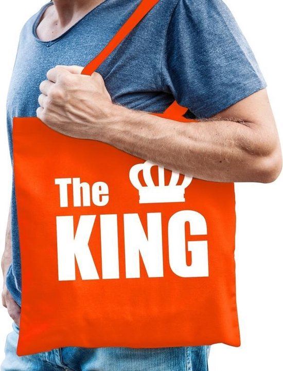 The king katoenen tas oranje met witte tekst en witte kroon voor heren - Koningsdag - tasje / shopper voor heren