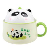 lachineuse - Aziatische ramenkom - porselein - Panda motief - 1020 ml - Met deksel en bestek - Ontbijtkom, Soep, Rijst, Instant Noedels - Cadeau-idee Azië Japan China - Groen