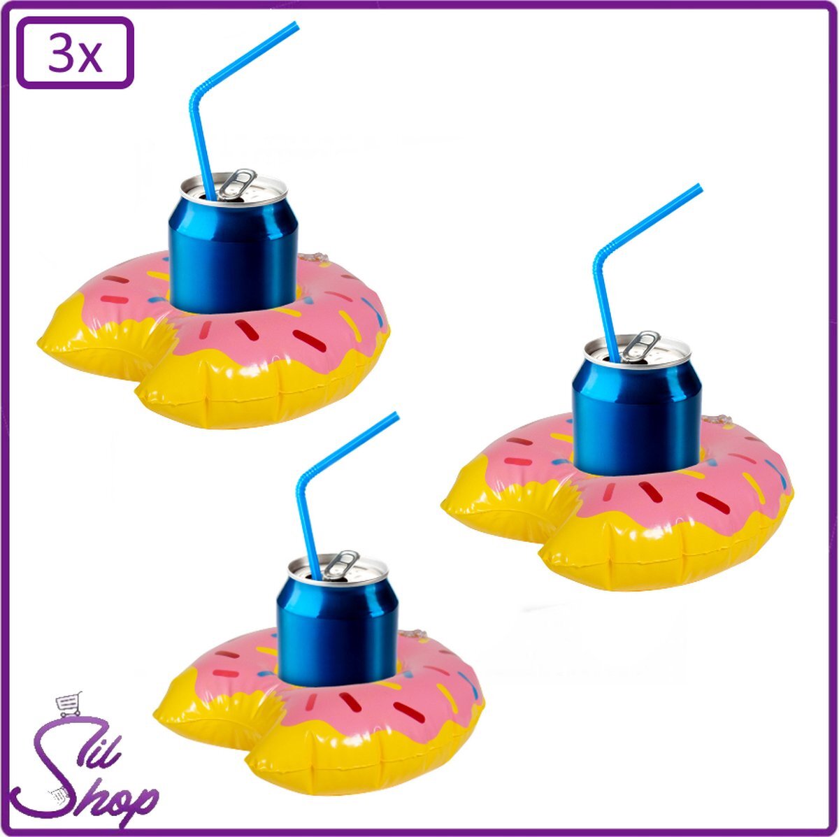 SilShop 3x Opblaasbare bekerhouder donut 13 x 20 cm geel-roze - Beker Houder Drijven Water Zwembad