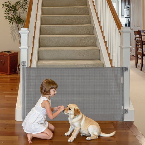 VEVOR Intrekbaar Babyhekje, Hondenhekje, Uitschuifbaar Tot 185 Cm Breed / 795 Mm Hoog, Traphekje met Veiligheidsslot, Gaasveiligheidshekje voor Trappen En Gangen, Binnen/Buiten, Grijs