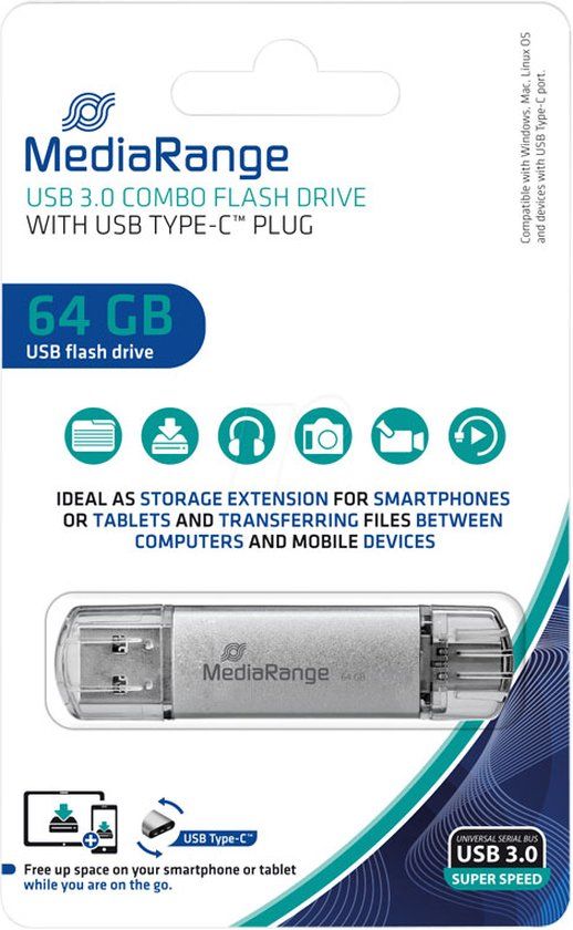MediaRange USB-C 64GB USB 3.0 Flash Drive - Gray