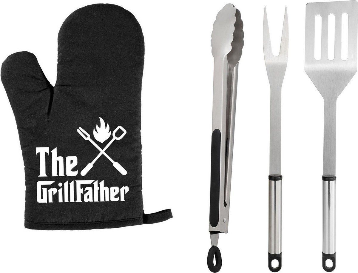 Trendo Barbecue gereedschap set 3-delig RVS - Met BBQ handschoen The Grillfather - Papa/ Vaderdag cadeau