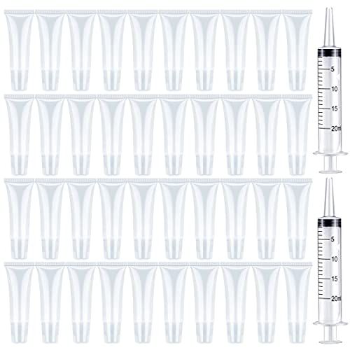 BAQI 50 stuks 10 ml heldere lipgloss lege buizen containers met 2 stuks 20 ml plastic spuit dosering, navulbare lege lipgloss tube cosmetische containers zachte buis voor vrouwen en meisjes DIY lippenbalsem cosmetica