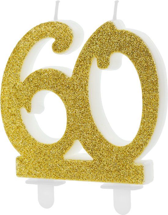 PartyDeco Taartkaarsje Cijfer 60 Glitter Goud