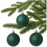 Cosy & Trendy Kerstballen - 12x st - donkergroen - glitters - D6 cm - kunststof