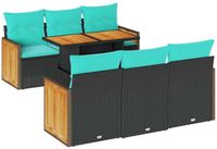 vidaXL 7-delige Loungeset met Kussens, Poly Rattan, Acacia, Zwart