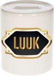 Bellatio Decorations Spaarpot met voornaam Luuk - wit - met goud/zwart embleem - 8 x 9 cm - keramiek - met afsluitdop - cadeau verjaardag