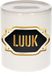 Bellatio Decorations Spaarpot met voornaam Luuk - wit - met goud/zwart embleem - 8 x 9 cm - keramiek - met afsluitdop - cadeau verjaardag
