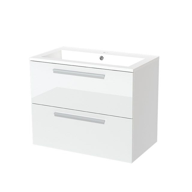 Maxaro Badkamermeubel 80cm Modulo Hoogglans Wit 2 Lades Vlak Wastafel Mineraalmarmer