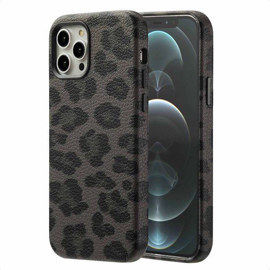 Selencia Sabi Backcover Panterprint met MagSafe voor de Apple iPhone 12 (Pro) - Midnight Black