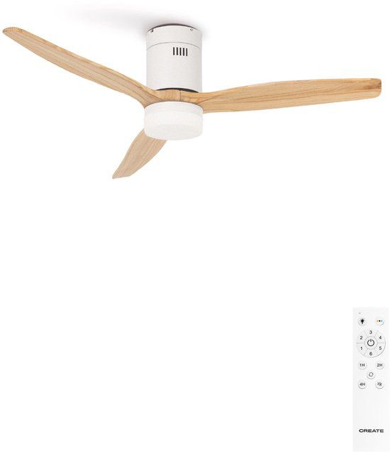 CREATE WINDCALM DC STYLANCE WHITE - Plafondventilator Ø132 cm - Met Afstandsbediening - 6 Snelheden - Timer - Zomer/Winter functie - Naturel Hout