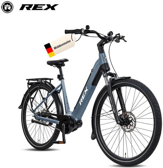 REX Commuter+ Elektrische Fiets voor Dames en Heren, 28 Inch Stadsfiets, 70 Nm Middenmotor, 250W, 36V 468 Wh Accu, Shimano 7 Versnellingen, Hydraulische Schijfremmen, MIK-Gepäckträger, Maximaal 120 km Bereik, Blauw