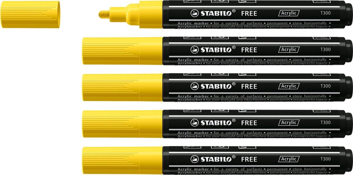 Stabilo FREE - Acryl Marker - T300 - Ronde Punt - 2-3 mm - Geel - Doos 5 stuks