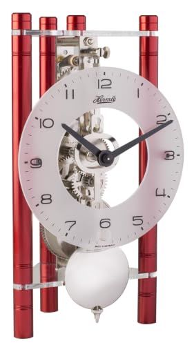 Hermle Skelettafelklok met geanodiseerde aluminium zuilen - driehoek 23025-360721, Arabische wijzerplaat glas, rood, werk vernikkeld, 19,5 cm x 11 cm x 9 cm