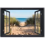 Poster de jardin Vue d'ensemble - Plage - Mer - Sable - Eau - Herbe de plage - Dunes 180x120 cm