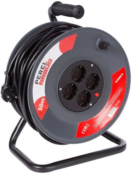 Perel Kabelhaspel - 50 m - 4 stopcontacten - Grijs