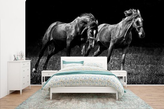 Nr1Wallpaper Behang - Fotobehang Paarden - Gras - Zwart - Wit - Breedte 435 cm x hoogte 260 cm