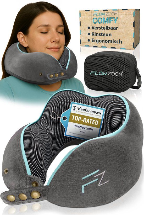 FLOWZOOM Comfy Nekkussen Vliegtuig & Auto - Verstelbaar Traagschuim Reiskussen met Flexibele Drukknopen voor 360° Ondersteuning, Ademende Zachte Hoes - incl. Transporttas - Grijs