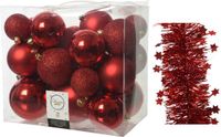 Kaemingk B.V. Décoration de Noël boules de Noël en plastique 6-8-10 cm avec étoiles guirlandes en aluminium paquet rouge de 28 pièces