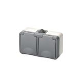 IP54 dubbel stopcontact met luxe oppervlak, waterdicht en stofdicht, ideaal voor binnen en buiten, biedt een veilige elektrische verbinding.