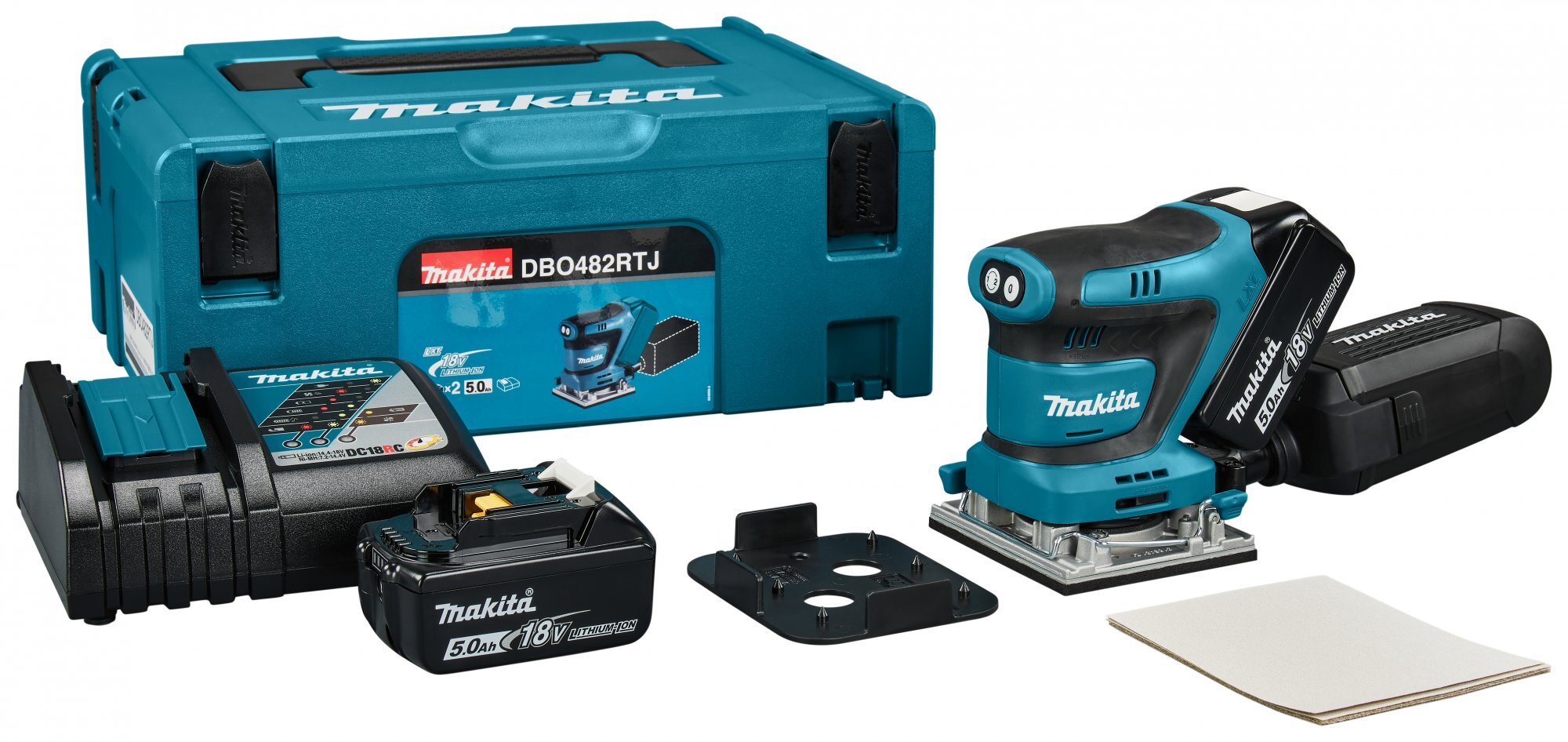 Makita DBO482RTJ LXT 18V Li-ion Accu Handpalm vlakschuurmachine set (2x 5,0 Ah) in Mbox