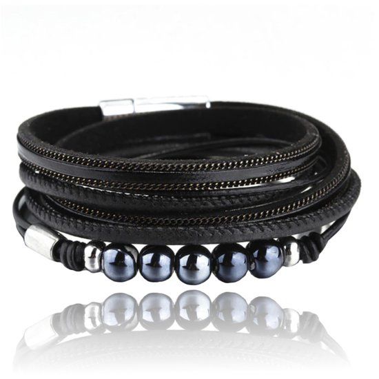 Deja Jewels Zwarte multilayer Boho armband rondgenaaid PU leer en kralen