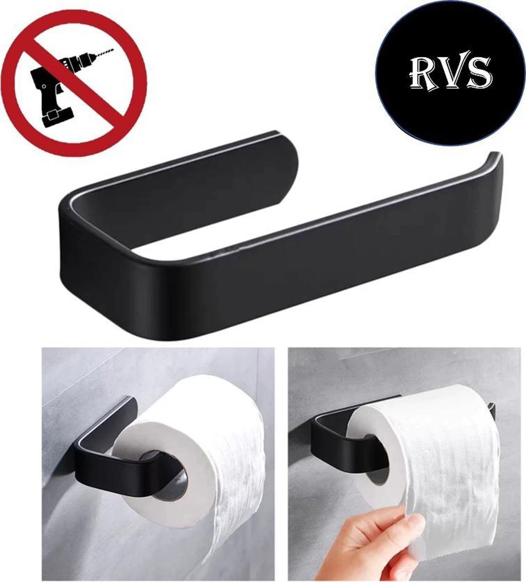 Rh!no® Toiletrolhouder zonder boren | RVS Zwart | Wc rolhouder | Badkamer accesoires | Closetrolhouder | Mat Zwart |Zelfklevend