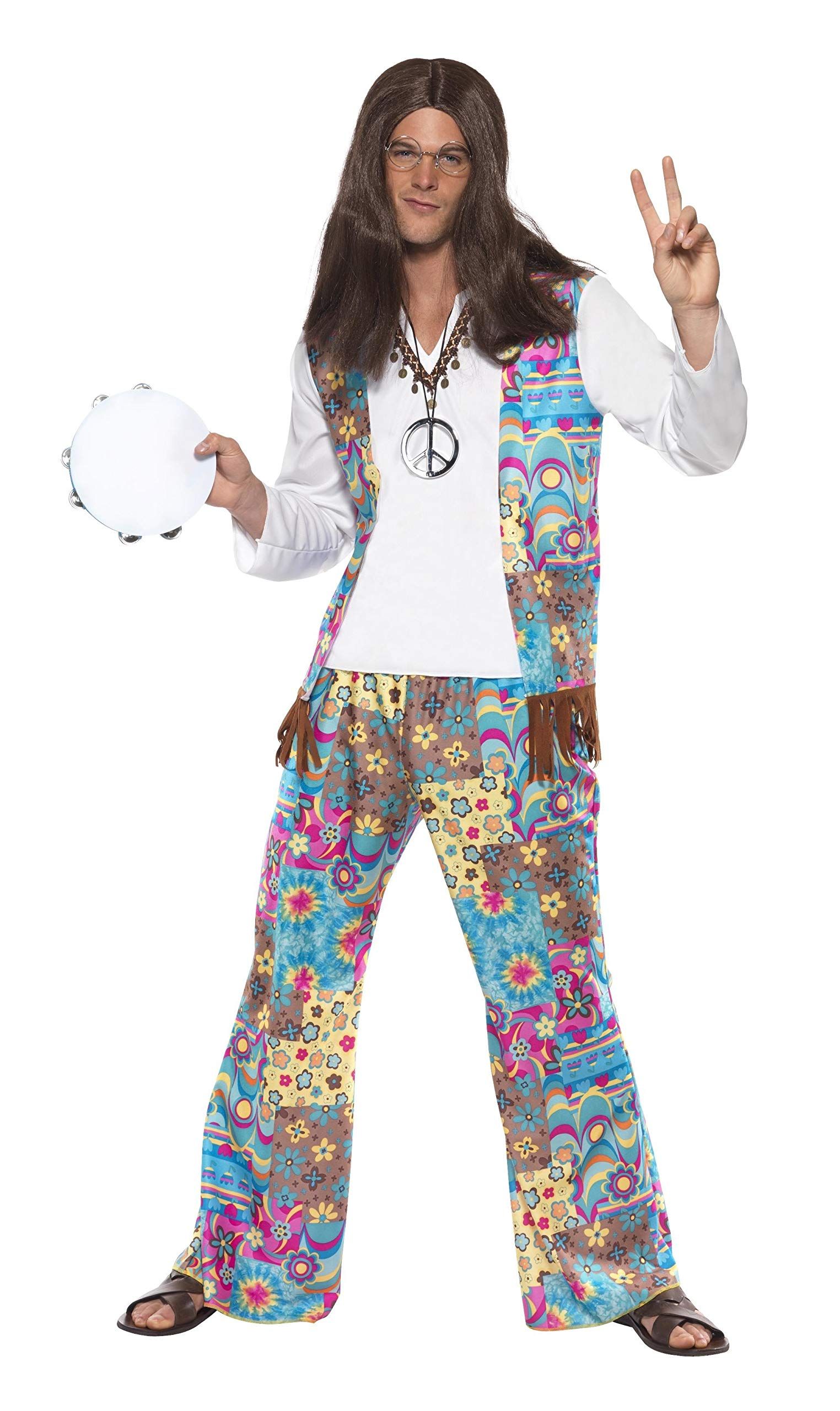 Vegaoo Chique hippie kostuum bovendeel met aangezette vest broek en haarband, Large