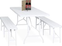 Merkloos biertafel set - inklapbaar - 3-delig - met banken - kunststof - campingtafel - wit