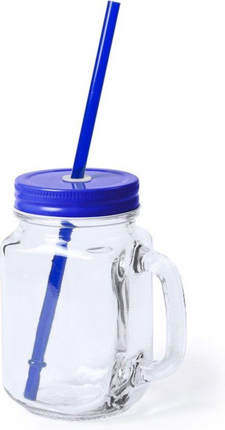 Glazen Mason Jar drinkbeker - blauw - 500 ml - met rietje